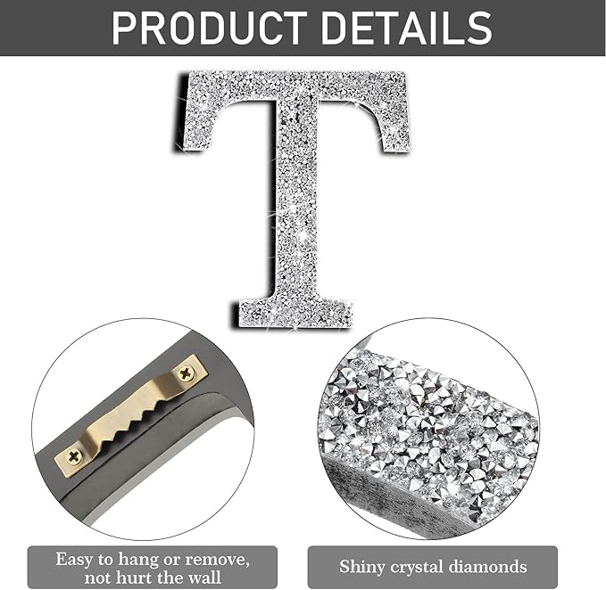 Qunclay 5.7" Silver Crystal Diamond Bling Letters Crushed Diamond Decoration Wooden Glitter Letter with Screw and Hooks Rhinestone Gift for Wedding Y2k Mcbling Bedroom Wall Decor (Letter T)