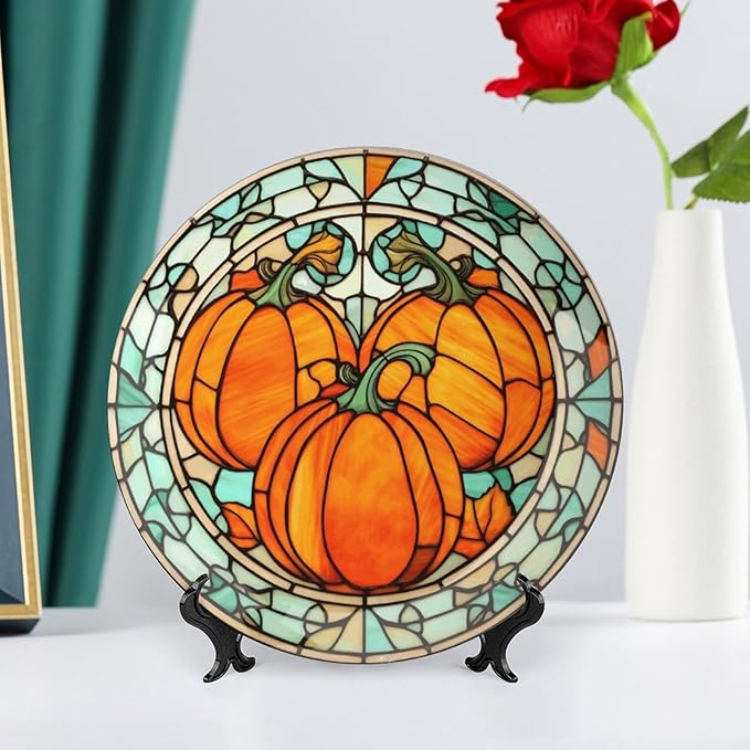 Stained Glass Watercolor Pumpkin Decorative Plates Home Decor Ceramic Plates, Fall Season Dinner Plates Display for Living Room, Kitchen, Hallway Console Side Table, Thanksgiving Gifts, 10 Inch
