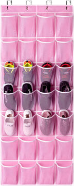 KEEPJOY 28 Pockets Hanging Shoe Organizer, Over the Door Shoe Organizer, Hanging Door Shoe Holder Rack with Mesh Pockets Large Size 65 x 23 Inch (Pink-1Pack)
