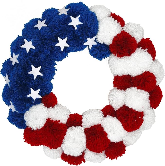 Patriotic Wreath 18 Inch American Flag Wreath for Front Door, Americana Plush Ball Red White and Blue with Stars Decor for 4th of July Memorial Day Veterans Day