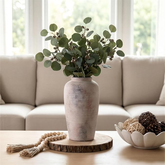 Rustic Distressed Ceramic Threaded Vase, 11" H Handmade Wabi Sabi Decor Vase (Antique Terracotta with Lime White & Distressed Black Patches) for Living Room Table Centerpieces, Entryway & Fireplace