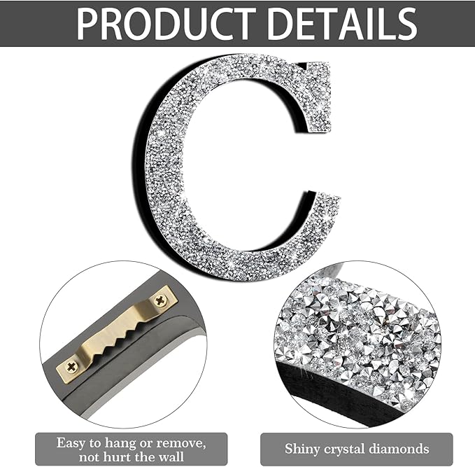 Qunclay 8'' Silver Crystal Diamond Bling Letters Crushed Diamond Decoration Wooden Glitter Letter with Screw and Hooks Rhinestone Gift for Wedding Y2k Mcbling Bedroom Wall Decor (Letter C)