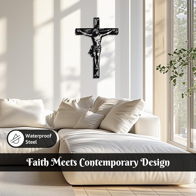 Black Metal Cross Wall Decor - Two Nails Crosses Design, Hollow Out Artistic Hanging Ornament for Home Church Decoration（12.6"x16.5"） (Crucifix Cross)
