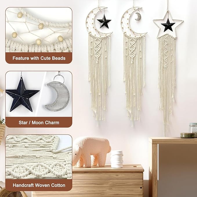 Macrame Moon Star Dream Catcher Decor for Girl, Boho Crescent Dreamcatcher Bohemian Wall Hanging Dream Catcher with Star Pendant for Home Bedroom Craft Decoration(3pcs)