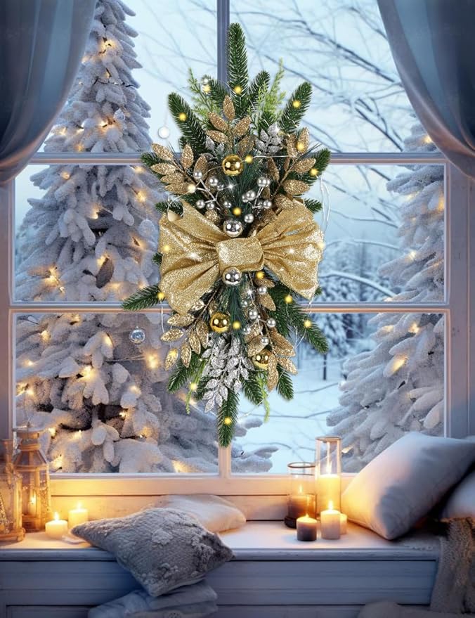 IPOPU 4PCS 24in Gold Christmas Swags Cordless Prelit Teardrop Swag, Christmas Stairs Decorations Light up Christmas Swag Wreath for Stair Window Wall Home Decor (Gold)