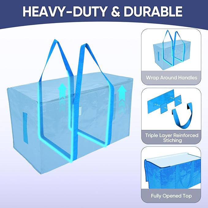 TICONN 8 Pack Extra Large Moving Bags Heavy Duty with Zippers & Carrying Handles, Durable Storage Bags Moving Boxes for Closet Organizers and Storage (8 Pack, Sky Blue)