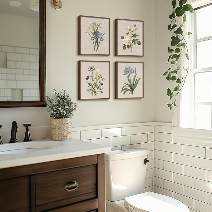 Framed Botanical Wall Art for Bathroom, 4 Piece Vintage Floral Canvas Painting Prints Artwork Farmhouse Wall Decor, Rustic Flower Butterfly Pictures for Bedroom Kitchen Hallway Home Decor, 8x10 Inch