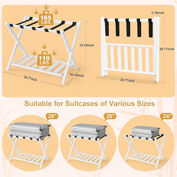 White Luggage Racks Set of 2, Bamboo 26.77" Luggage Rack Stand for Guest Room, 5 Nylon Straps, Foldable Suitcase Stand with Storage Shelf for Bedroom Hotel, Holds up to 165 Lbs