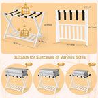 White Luggage Racks Set of 2, Bamboo 26.77" Luggage Rack Stand for Guest Room, 5 Nylon Straps, Foldable Suitcase Stand with Storage Shelf for Bedroom Hotel, Holds up to 165 Lbs