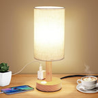 Small Bedside Table Lamp with AC Outlet, Natural Wood Base & Linen Shade, Mini Cute Cozy Warm White Nightstand Boho Lamp, Study Desk Night Stand Light for Bedroom, Kitchen, Nursery, Living Room