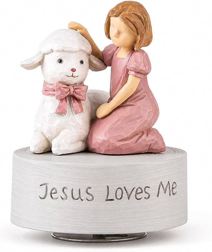 AIDLNS Jesus Loves Me Music Box, Christian Baptism Gift for Girls, Hand-Painted Lamb Figurine, Religious Keepsake for Christening, First Communion, Easter, Christmas, Granddaughter & Goddaughter Gift