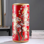 Luxurious Red Ceramic Umbrella Stand, Floor Standing Cane Holder Placed Multi-Functional Painted Porcelain Chinese Umbrella Holder Handmade Appliques Umbrella Stand, for Hotel Office Home Entrance