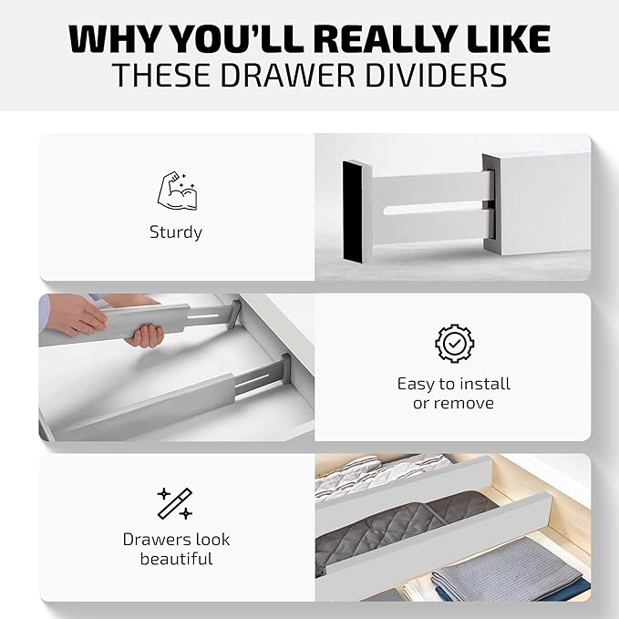 Bambüsi 4-Pack Bamboo Drawer Dividers - 2.6" High, 12.5"-17" Adjustable Drawer Organizers for Clothes, Expandable Dresser Separators in Bedroom/Bathroom/Kitchen/Office Organization and Storage (Grey)