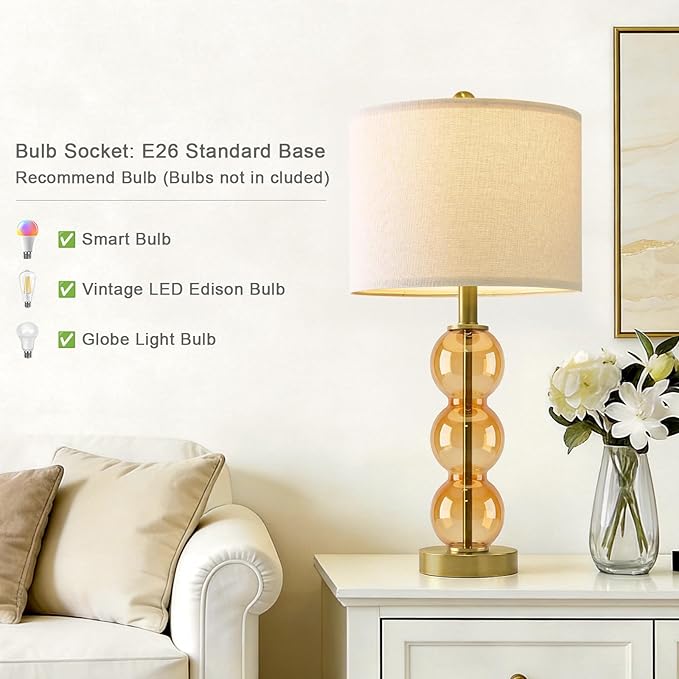 Oneach 25" Amber Glass Table Lamps for Living Room, Glass Modern Table Lamp Set of 2, USB Charging Ports, Linen Shade, Bedside Lamps for Bedroom, Nightstand, Side Table (Bulbs not Included)