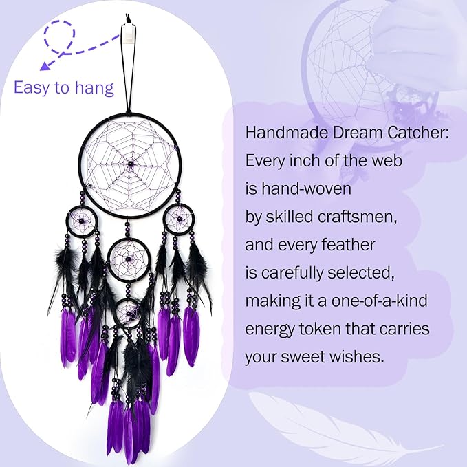 Purple and Black Dream Catcher Large Dream Catchers Wall Decor Handmade Feather Dreamcatcher Wall Hanging Ornament for Bedroom Living Room Home Decor