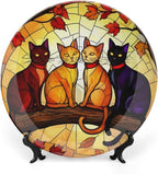 Cat theme Decorative Ceramic Plate Round Porcelain Plate,8 inch,Autumn Stained Glass pattern,for Decorative Ornaments Giving Plates,1 Plate with 1 Display Stand,Orange red