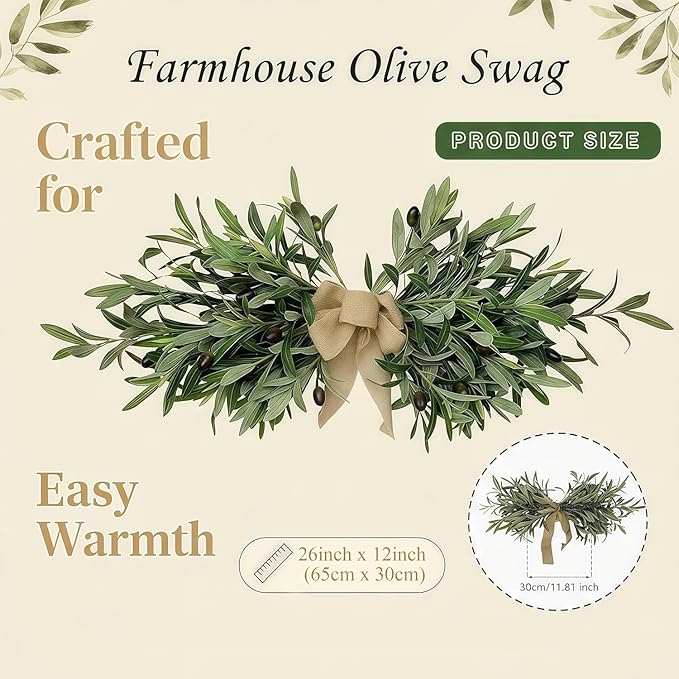 26" Farmhouse Olive Greenery Swag with Burlap Bow – Full Artificial Olive Leaf Swag for Front Door, Wall, Mantel & Table Décor, Realistic Year-Round Greenery Decoration (Green 1Pcs)