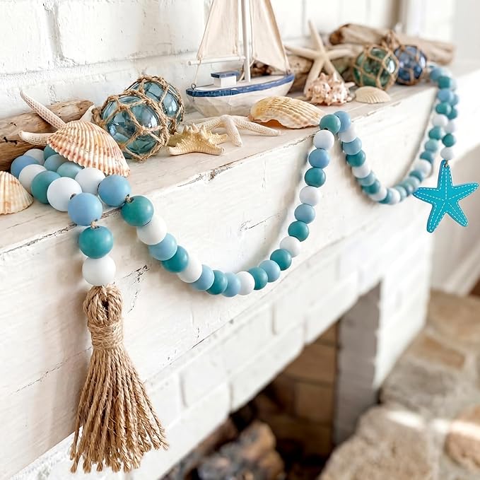 Janinka 2 Pcs Farmhouse Seashell Bead Garland with Tassels Decorative Beads Decor Nautical Farmhouse Tiered Tray Decorations Set Coastal Garland for Home and Kitchen, Wooden Beads (Blue)