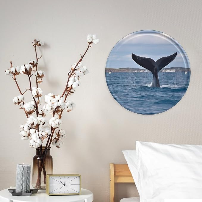 Wall Picture, with Whale Tail Printed Circular Iron Hanging Picture,Wall Art Decor,Home for Bedroom Living Room Bathroom Decor,Iron Painting 11.8X11.8 in