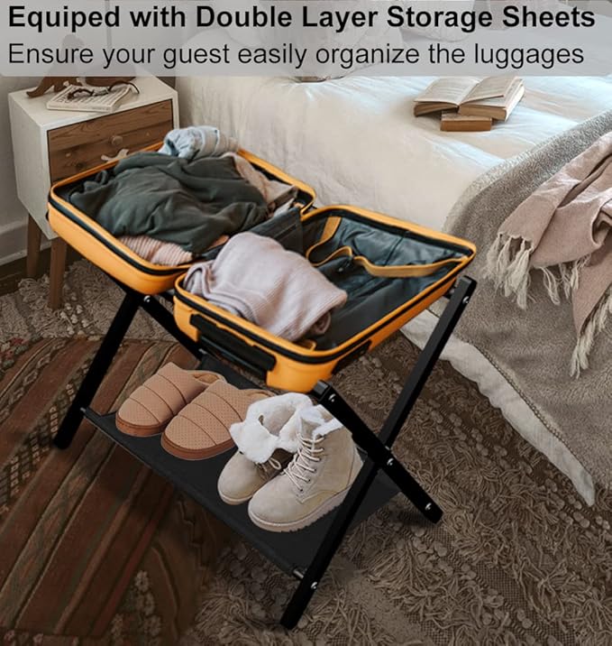Folding Luggage Rack for Guest Room, Metal Foldable Suitcase Stand Holder with Cloth Shelf for Bedroom, Black, 2pack