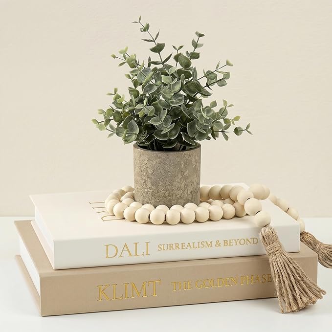 Decorative Fake Books Storage Set - 3-Piece Linen Coffee Table Decor (2 Faux Books + 1 Wood Bead Garland), Neutral Boho Japandi Room Styling Props for Bookshelf & Entryway (Khaki/Off-White)