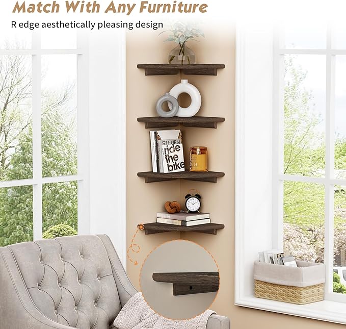 Forbena Floating Corner Shelves for Wall Set of 4, Small Corner Bookshelf for Bedroom Books, Round Wooden Corner Shelf Wall Mount for Bathroom Plants, Kitchen, Living Room Decor (Dark Brown)