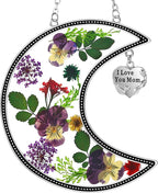 KY&BOSAM Moon Suncatcher Mom Gifts Stained Glass for Window Hangings Wind Chimes Decor with Pressed Real Flower and Metal I Love You Mom Heart Charm Birthday Gift for Women Mother`s Day Christmas