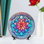 Decorative Plates for Wall Hanging, Mandala Flower Glass Painting Ceramic Plate w/Display Stand, Home Decor for Kitchen Cabinets, Farmhouse Round Tray 8 Inch, Gift for Family Friends