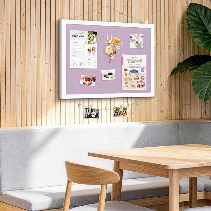 DOLLAR BOSS Bulletin Board with Linen Double-Sided 30" x 20" Linen Cork Boards for Walls Picture Display Vision Board for Office Home School Framed Picture Pin Board, 20 Pushpins 10 Clips, Purple