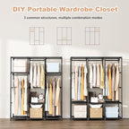 Wardrobe Closet Portable Closets for Hanging Clothes Large Capacity Clothes Rack with Cover, 3 Hanging Rods, 6 Shelves and 8 Pockets, Strong and Stable Free Standing Closet for Bedroom, Black
