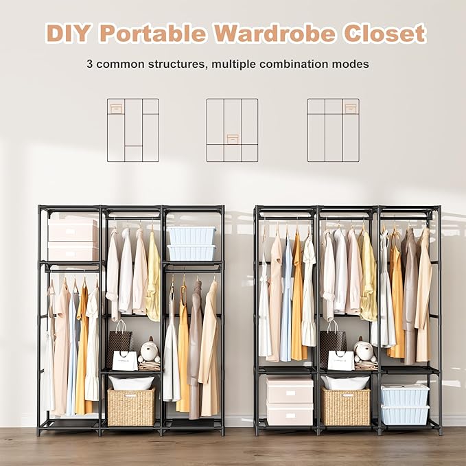 Wardrobe Closet Portable Closets for Hanging Clothes Large Capacity Clothes Rack with Cover, 3 Hanging Rods, 6 Shelves and 8 Pockets, Strong and Stable Free Standing Closet for Bedroom, Black
