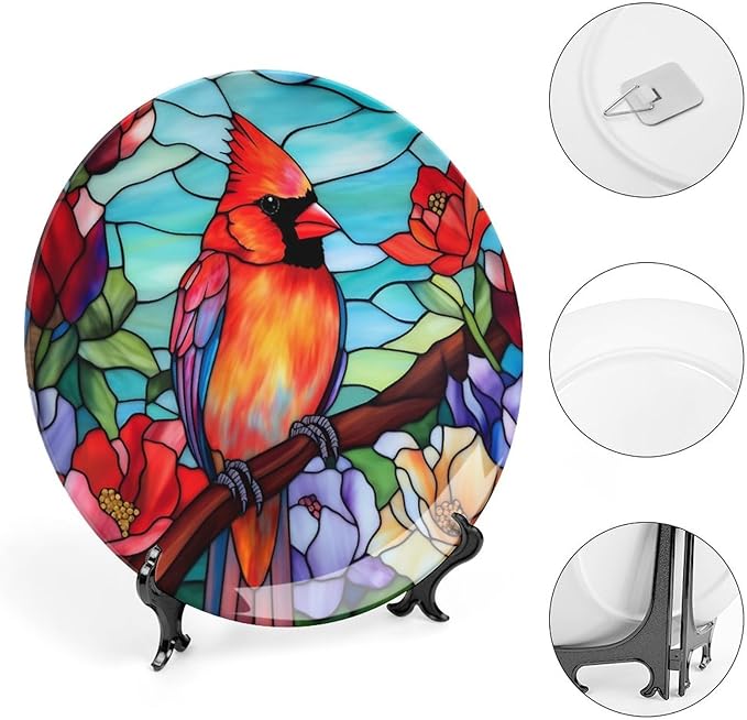 Decorative Plates, Winter Bird Stained Glass Design Ceramic Dinner Plate Home Wobble-Plate with Display Stand, Wall Hanging Decor for Dining Room Kitchen Household 10 Inch, Gifts for Loss of Loved