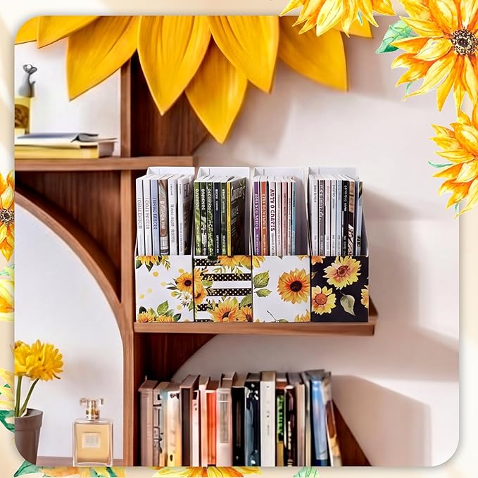 AmazingSpark Set of 4 Sunflower Magazine Holder Decorative Foldable Magazine Storage Boxes with Acrylic Label Holders Coquettish Boho Organizer for Office Home Organization Storage