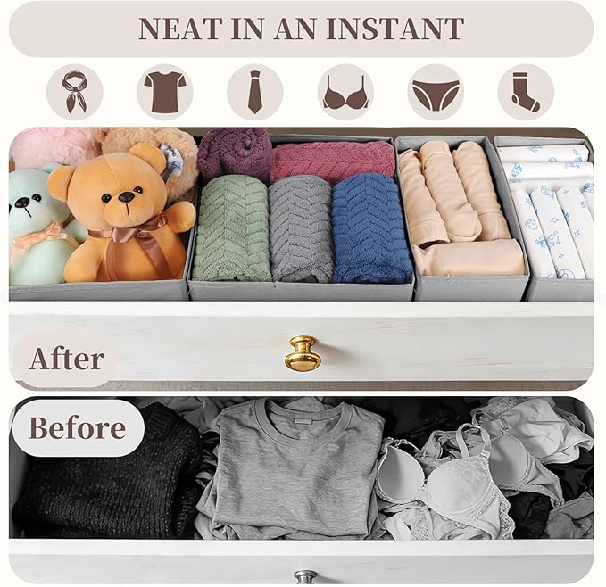 Drawer Organizer Clothes, 16 Pack Dresser Organizer Bins, Foldable Closet Organizers and Storage Fabric Dresser Bins, Shallow Drawer Dividers for Clothing, Underwears, Socks, Tie