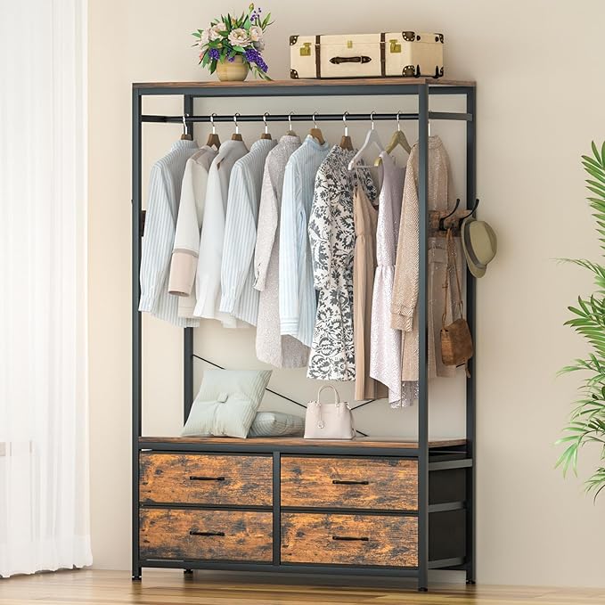 Freestanding Clothes Rack, Garment Holder for Hanging, Heavy Duty Closet Organizer with 4 Drawers, 4 Hooks and Shelves, Wardrobe Storage for Bedroom, Living Room