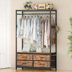 Freestanding Clothes Rack, Garment Holder for Hanging, Heavy Duty Closet Organizer with 4 Drawers, 4 Hooks and Shelves, Wardrobe Storage for Bedroom, Living Room