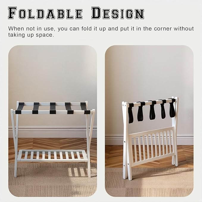 Bamboo Luggage Rack with Shoe Shelf Folding Suitcase Stand with 5 Heavy-Duty Straps for Guest Room Living Room Hotel Ideal Luggage Holder for Suitcases Bags Shoes,White