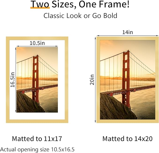 14x20 Picture Frame 3 Pack - Gold Poster Frame Display Pictures 11x17 with Mat or 14 x 20 Without Mat for Wall Hanging Horizontal and Vertical