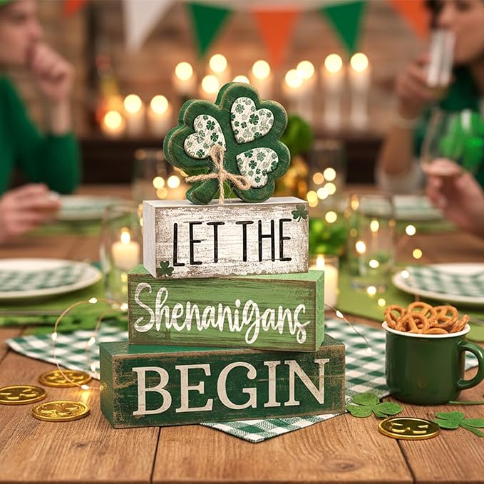 Lineshading 4 Pcs St Patricks Day Table Decor Wooden Shamrocks St Patrick's Day Tiered Tray Decor Irish Centerpiece Green Lucky Shamrocks Block Signs for Saint Patty's Party Home Kitchen