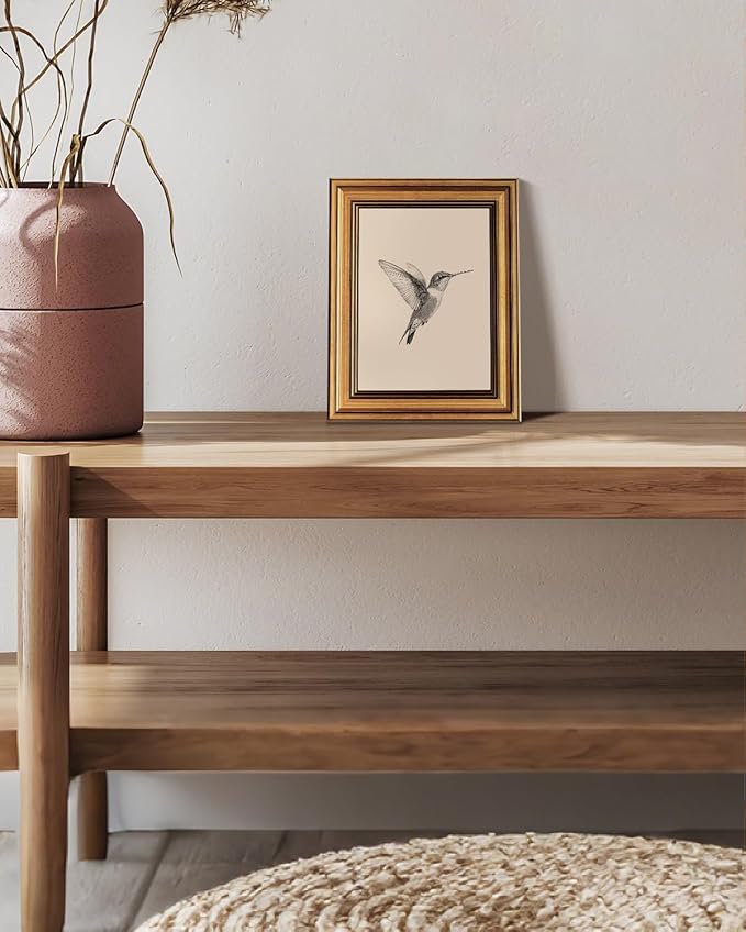 VIYYIEA Vintage Gold Framed Wall Art, Sketch Birds Canvas Painting, Cute but Exquisite Wall Decor, No Glass No Glare, Suitable for Bedside Tables, Foyer, Bookshelves,【Hummingbird】-10L x 8W
