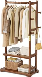 Coat Rack Solid Wood Clothes Rack with 2 Shelves & 4 Hooks for Hanging Clothes Garment Wallets Hats, Clothing Rack Heavy Duty Coat Rack Freestanding with Storage Hall Tree for Hallway Bedroom