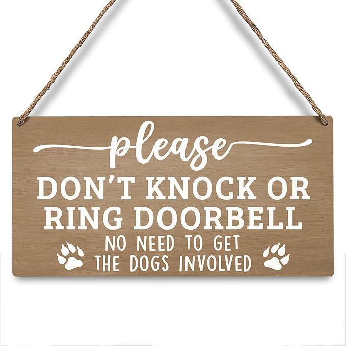 JXREQ Don't Knock or Ring Doorbell Sign for Front Door Dog Warning Sign for Gate Fence Yard Home Decor, Beware of Dog Sign Wall Pediments, Dogs Signs Gifts, 12x8 Inch, (Light Brown)