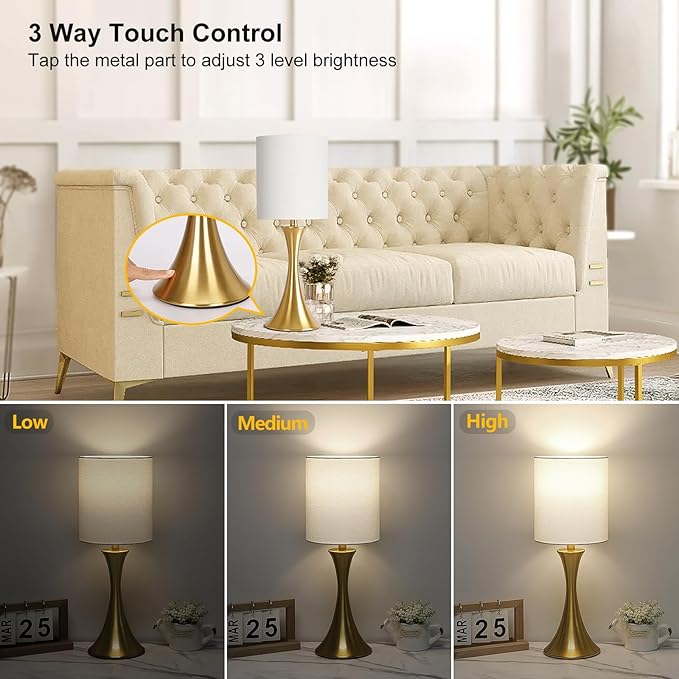 Gold Bedside Lamp Touch Control Table Lamp for Bedroom, 3-Way Dimmable Nightstand Lamp with White Shade, Modern Table Lamp for Living Room, Minimalist Desk Lamp for Dorm, Home, Office, Bulb Included