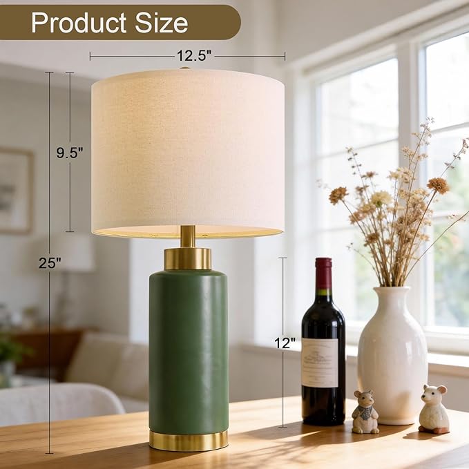 USumkky 25" Green Ceramic Table Lamp Set of 2, Modern Mid-Century Bedside Nightstand Lamps for Bedroom Living Room, Linen Shade & Gold Metal Base, Rotary Switch E26 (Bulbs Excluded)