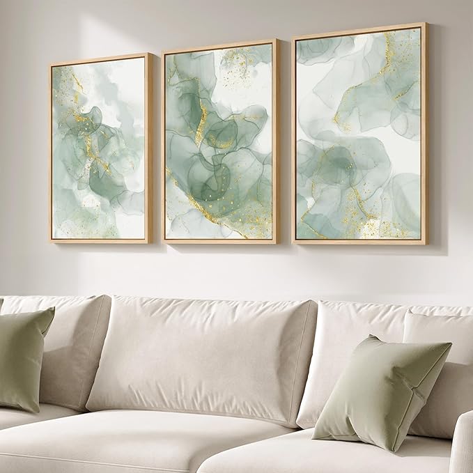 Framed Sage Green Abstract Wall Art, 3 Piece Modern Canvas Prints Paintings Artwork for Walls, Minimalist Green and Gold Abstract Art Pictures for Bedroom Living Room Dining Room Wall Decor 16x24 In