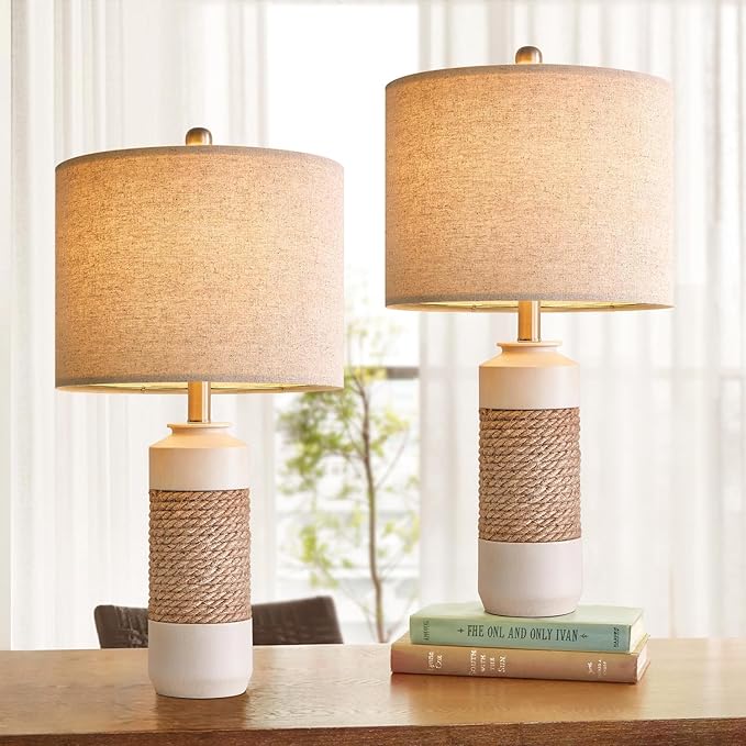 OYEARS 23.75" Bedside Table Lamps Set of 2 for Sleeping and Reading, Vintage Farmhouse Rattan Table Lamp Antique White Resin Lamp for Decoration, Office Living Room Bedside Table