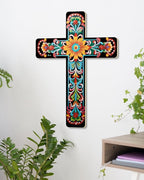 Putuo Decor Floral Cross Wall Decor Hand Painted Decorative Wooden Inspirational Cross Spanish Style Wall Cross Decor Mexican Art Wall Decor Crucifix for Home Room Church Decoration