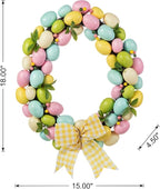 Glitzhome 18" H Easter Wreath with Artificial Easter Eggs Berries for Front Door Wall Decor, Spring Easter Egg Shaped Garland with Colored Eggs Bow Knot Holiday Decoration