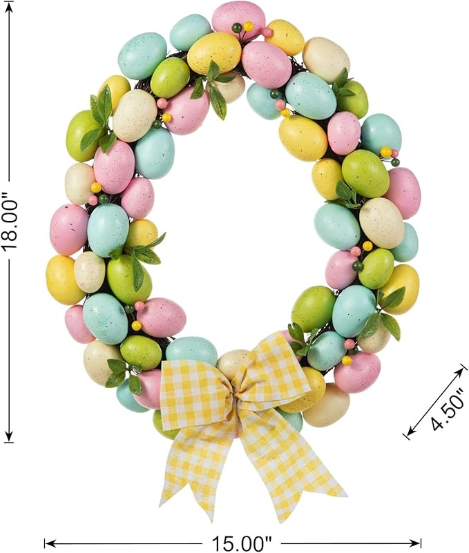 Glitzhome 18" H Easter Wreath with Artificial Easter Eggs Berries for Front Door Wall Decor, Spring Easter Egg Shaped Garland with Colored Eggs Bow Knot Holiday Decoration