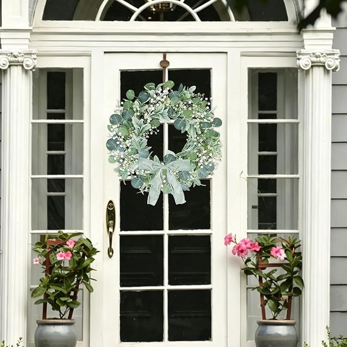24" Summer Wreath for Front Door, Lamb Ear Grapevine Wreath, Artificial White Baby's Breath Berries Green Bow Decoration for Summer Farmhouse Indoor Staircase Outdoor Porch Decor